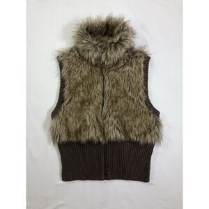 Vtg Faux Fur Sweater Vest Size Medium Y2k Short Brown Ribbed Zip up High Collar